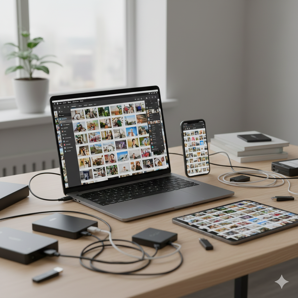 Three generations of women looking at a family photo album together