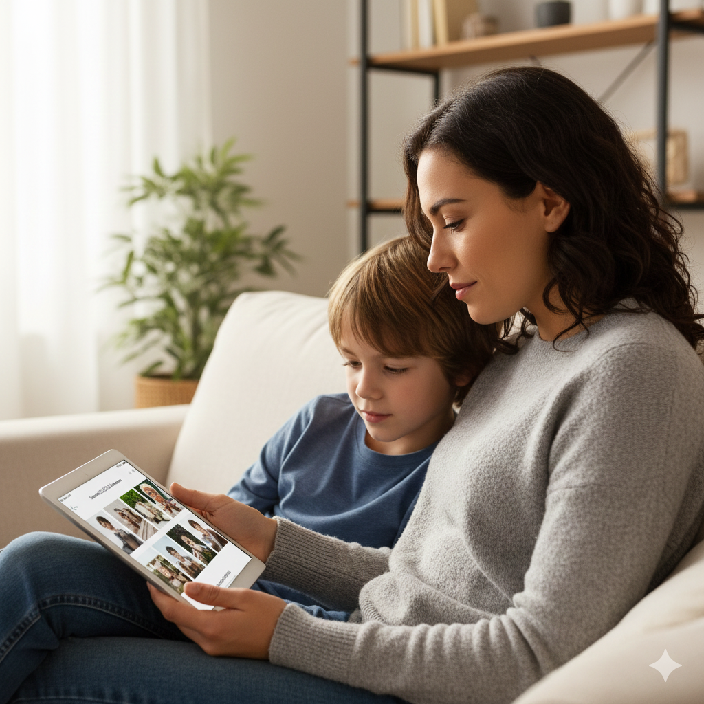 Family playing together in a sunny field during golden hour